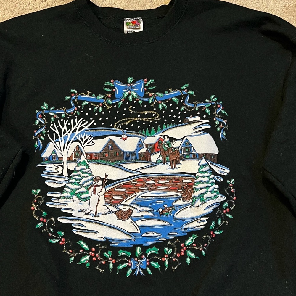 Vintage Christmas Sweatshirt Snowy Village Holly Bows Fruit of the Loom Black XL